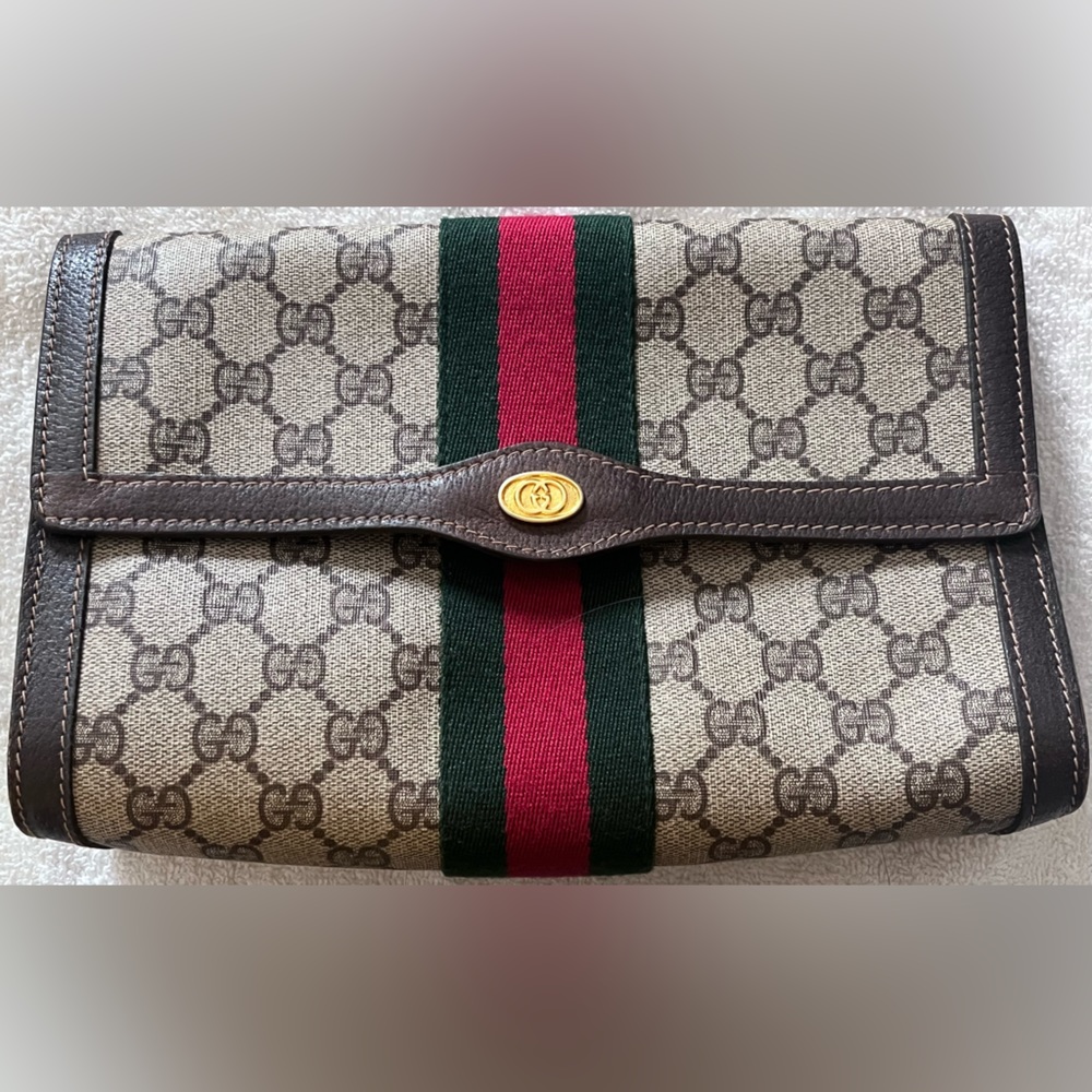 Authentic GUCCI GG Canvas Web Sherry Line Clutch Bag Beige Red 41.014.3087.25